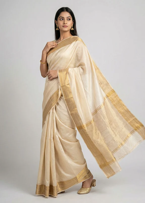 Cream Dupion Silk Saree With Blouse Piece One Size