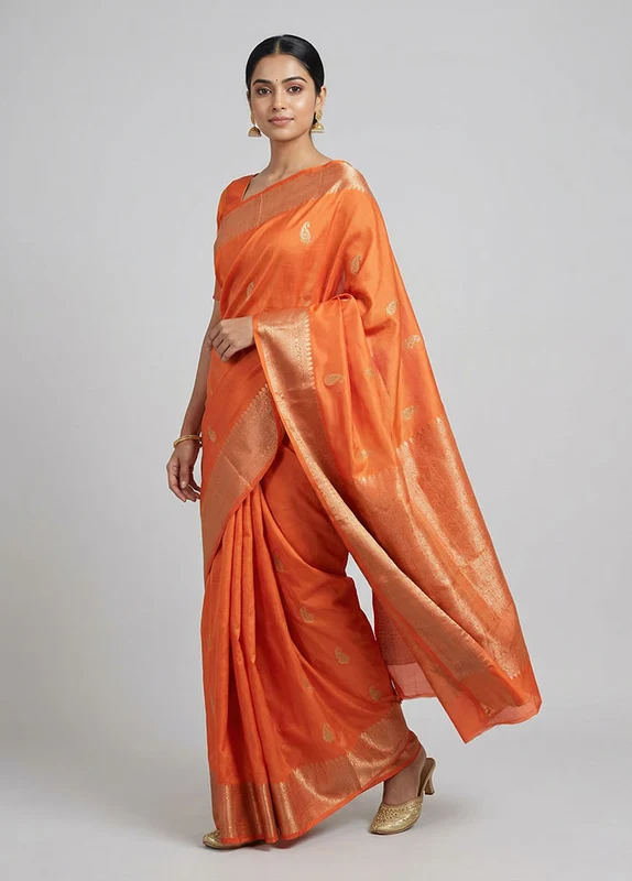 Peach Handloom Kanchipuram Pure Silk Saree With Blouse Piece One Size