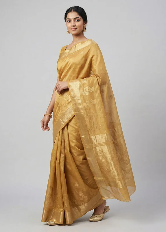 Yellow Chanderi Silk Saree With Blouse Piece One Size