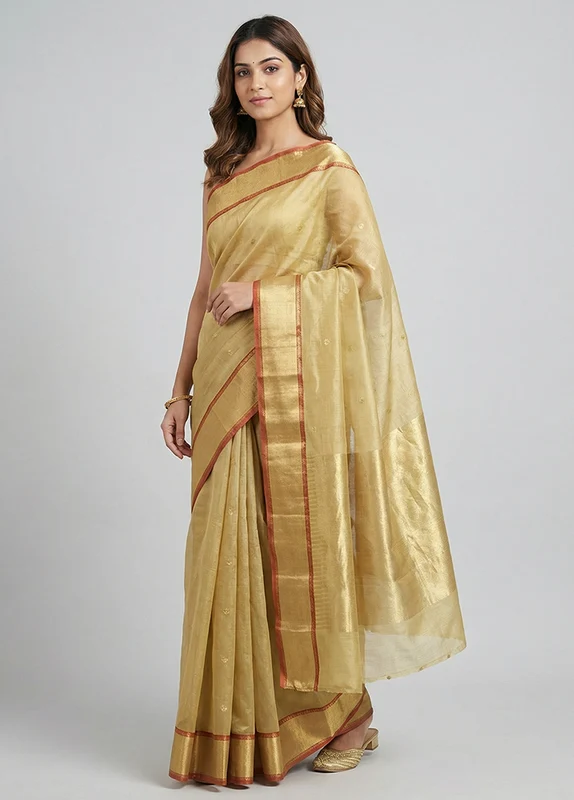 Green Handloom Chanderi Pure Silk Saree With Blouse Piece One Size