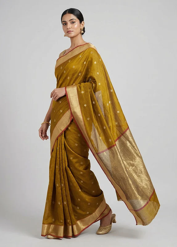 Yellow Chanderi Silk Saree With Blouse Piece One Size