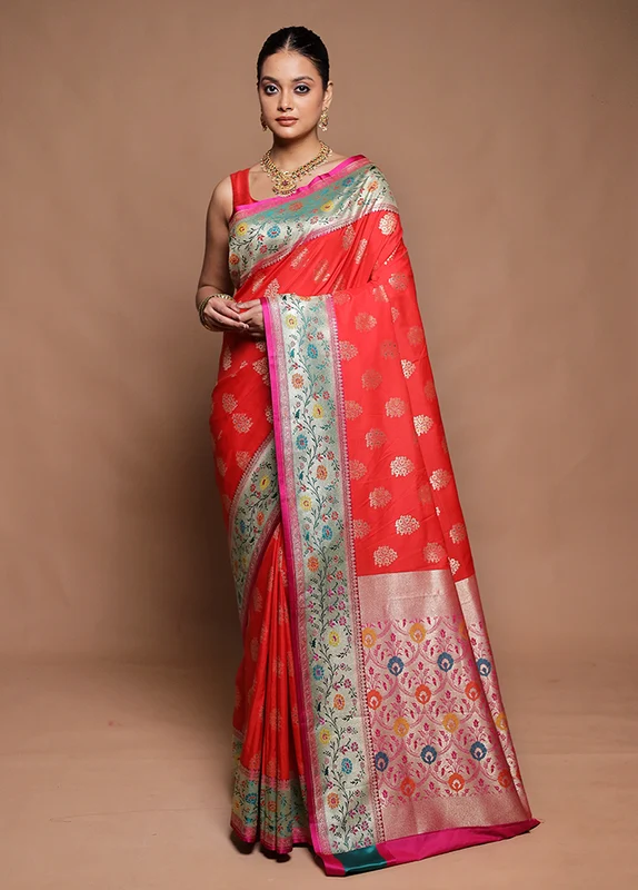 Red Katan Silk Saree With Blouse Piece Onesize