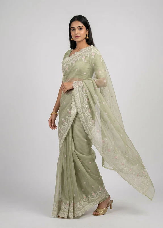 Green Handloom Pure Cotton Saree With Blouse Piece One Size