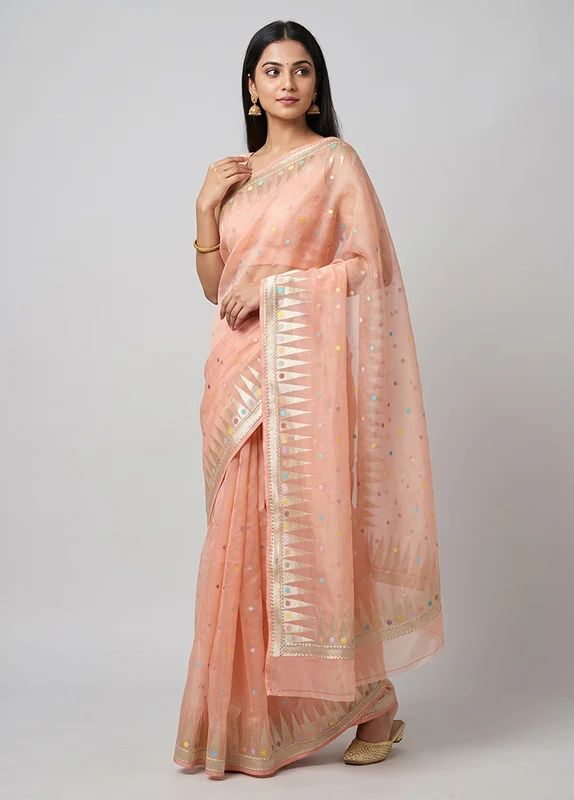 Peach Handloom Pure Organza Saree With Blouse Piece One Size