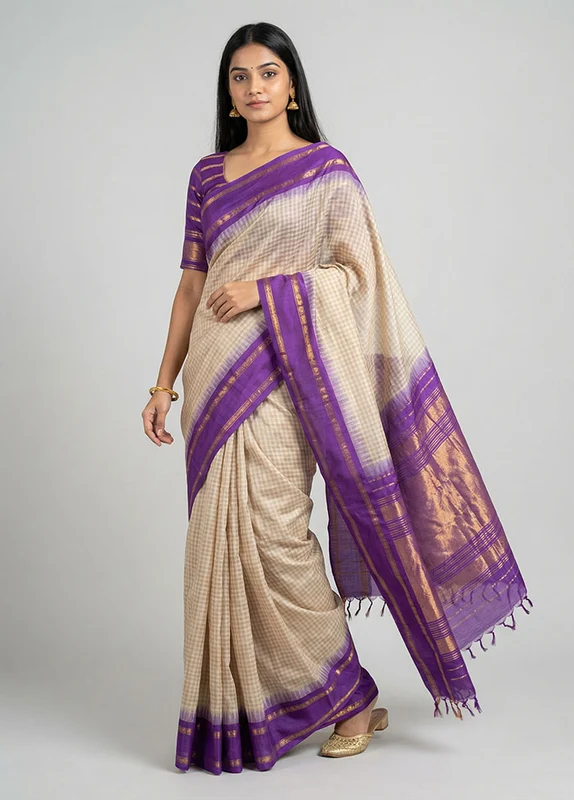 Cream Gadwal Pure Silk Saree Without Blouse Piece One Size