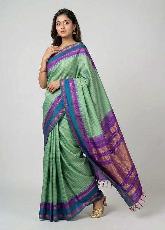 Green Gadwal Pure Silk Saree Without Blouse Piece One Size