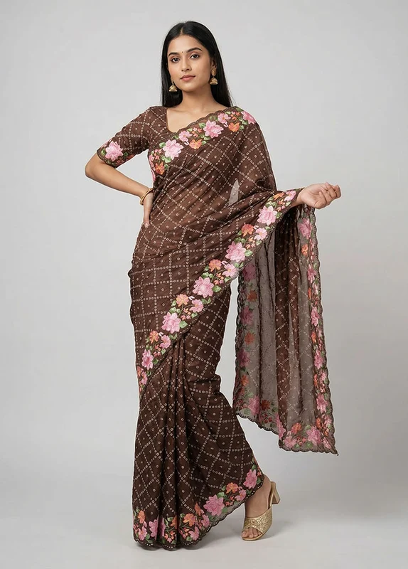 Maroon Organza Saree With Blouse Piece One Size