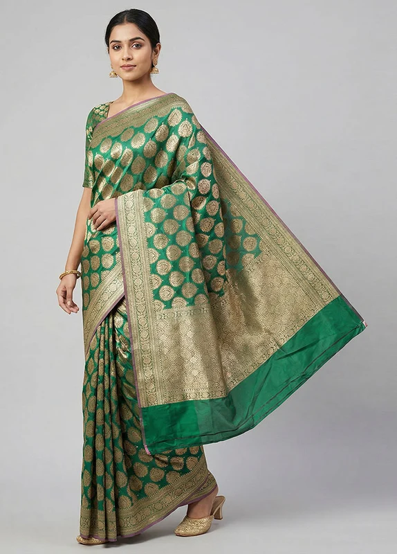 Green Handloom Banarasi Pure Silk Saree With Blouse Piece One Size