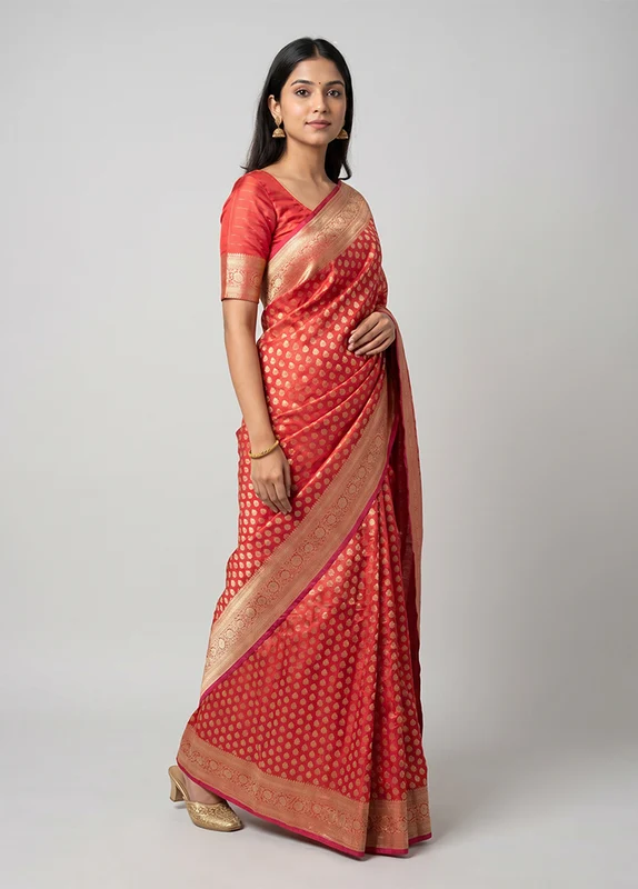 Pink Handloom Banarasi Pure Silk Saree With Blouse Piece One Size