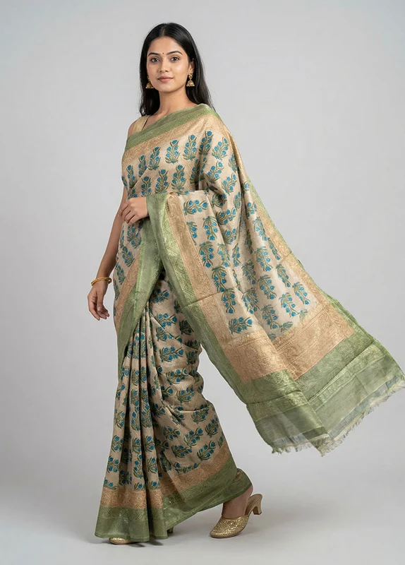 Blue Handloom Tussar Pure Silk Saree With Blouse Piece One Size