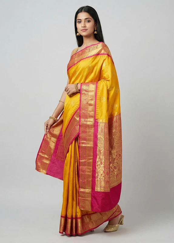 Yellow Handloom Kanchipuram Pure Silk Saree With Blouse Piece One Size