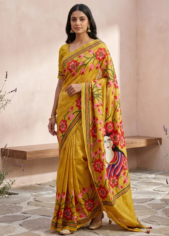 Yellow Handloom Kantha Stitch Pure Silk Saree With Blouse Piece One Size
