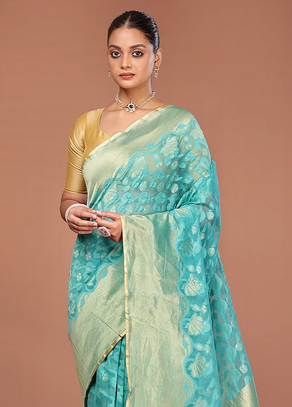 Green Net Saree With Blouse Piece One Size
