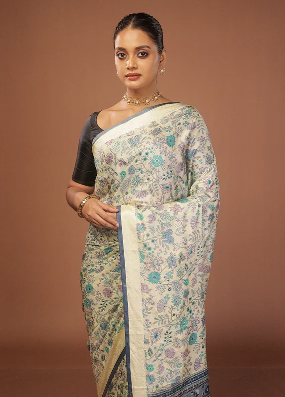 Cream Printed Silk Saree Without Blouse Piece One Size