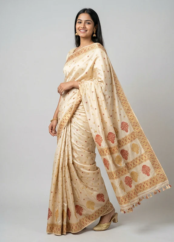 Cream Handloom Assam Pure Silk Saree With Blouse Piece One Size