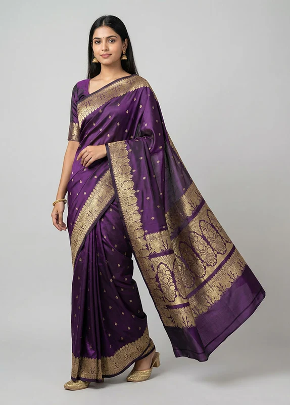Purple Handloom Katan Pure Silk Saree With Blouse Piece One Size