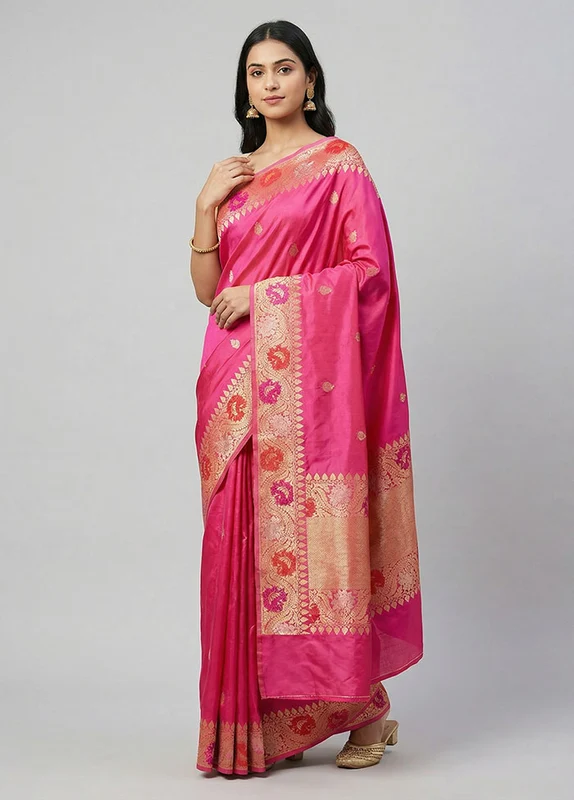 Pink Handloom Katan Pure Silk Saree With Blouse Piece One Size
