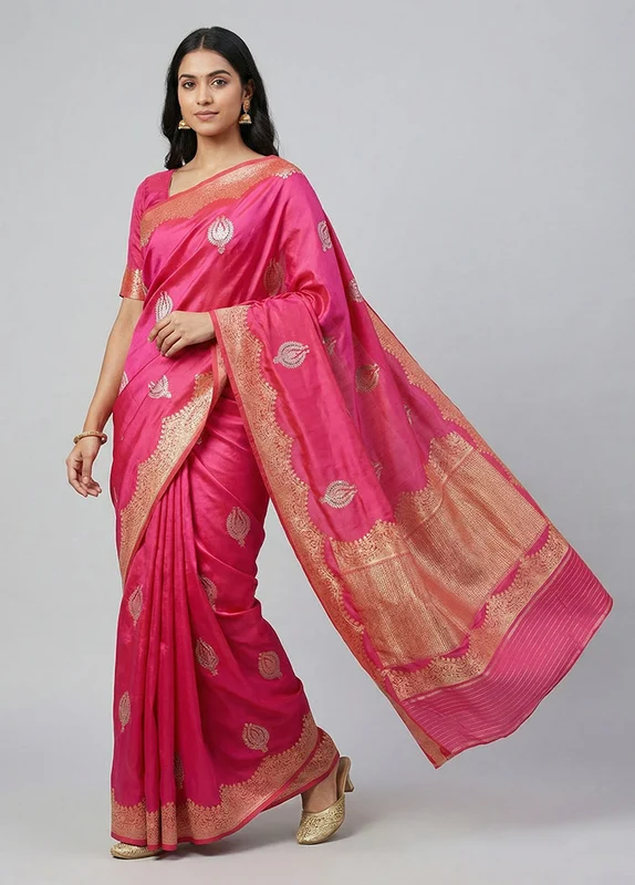 Pink Handloom Katan Pure Silk Saree With Blouse Piece One Size