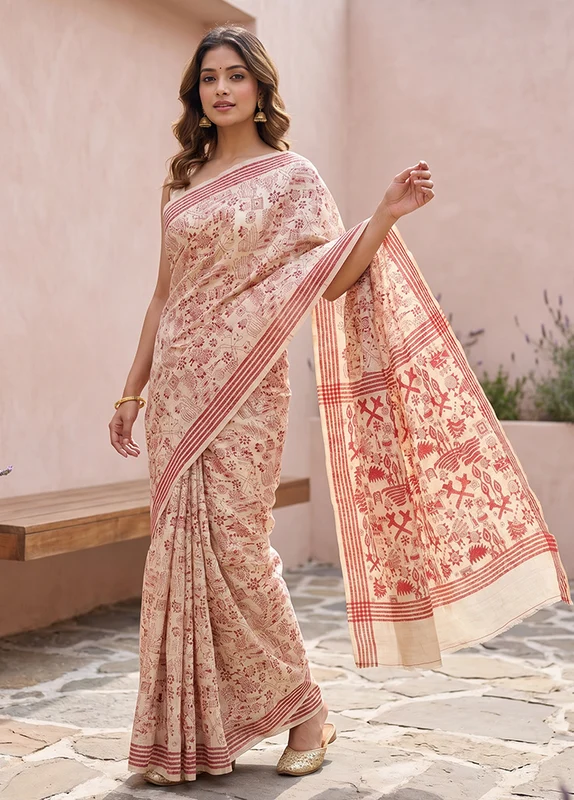 Cream Handloom Kantha Stitch Pure Silk Saree With Blouse Piece One Size