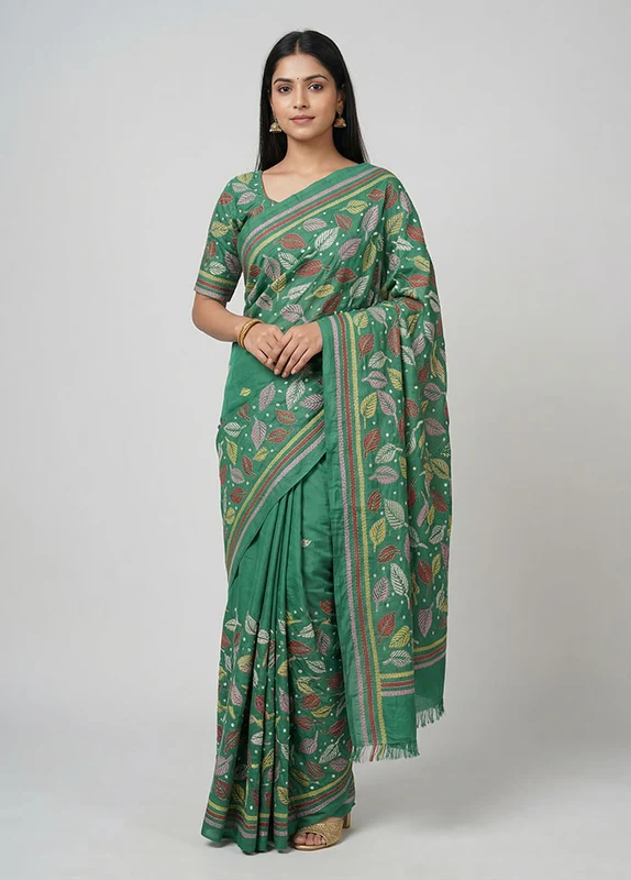 Green Kantha Stitch Silk Saree With Blouse Piece One Size