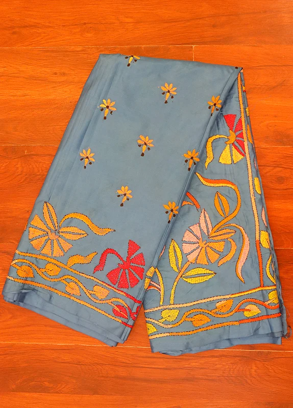 Grey Kantha Stitch Silk Saree With Blouse Piece One Size