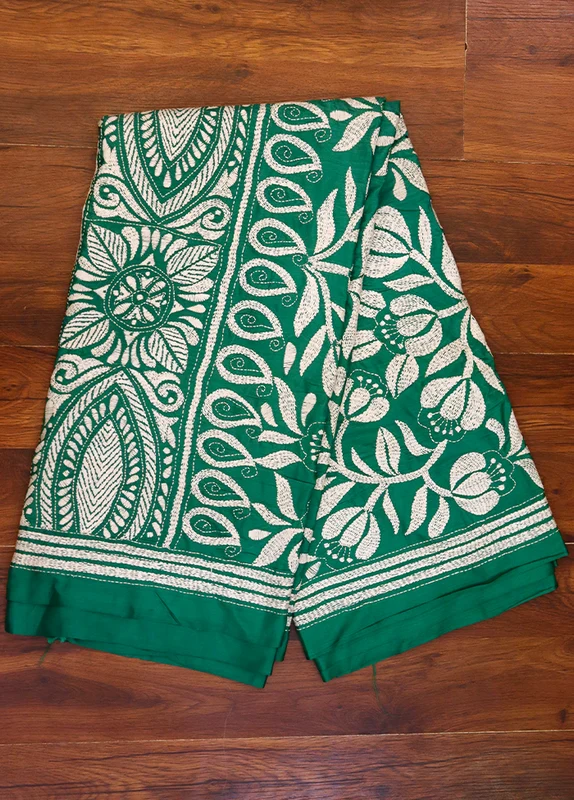 Green Kantha Stitch Silk Saree With Blouse Piece One Size