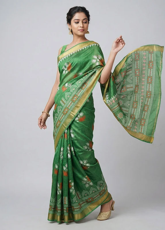 Green Printed Silk Saree Without Blouse Piece One Size
