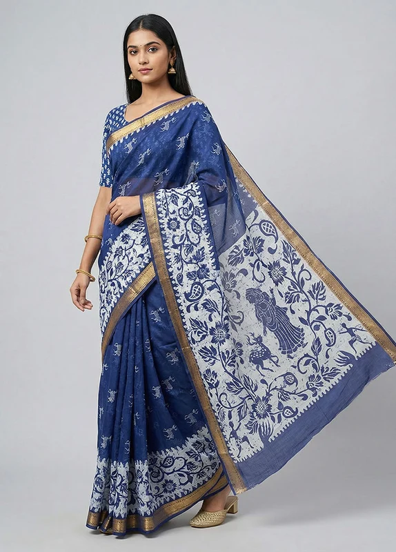 Multicolor Printed Pure Silk Saree Without Blouse Piece One Size