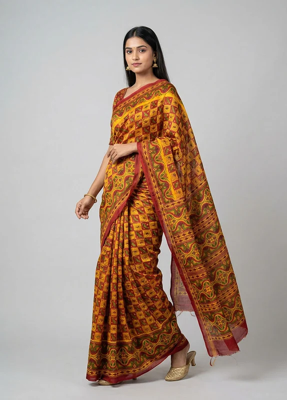 Multicolor Printed Silk Saree Without Blouse Piece One Size