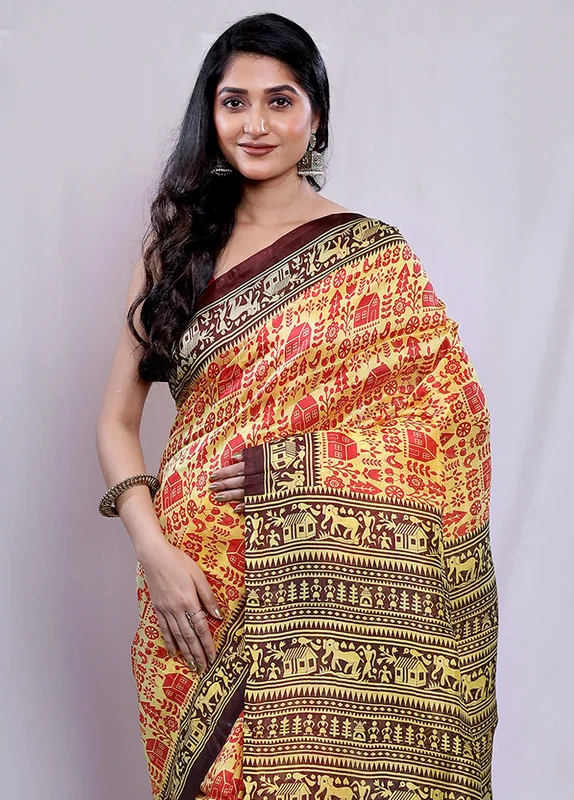 Multicolor Printed Pure Silk Saree Without Blouse Piece Onesize