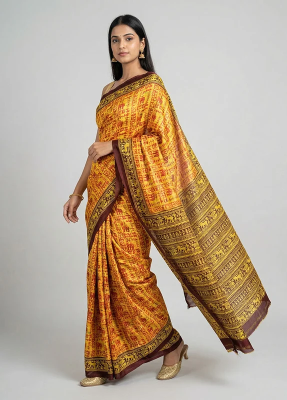 Multicolor Printed Silk Saree Without Blouse Piece One Size