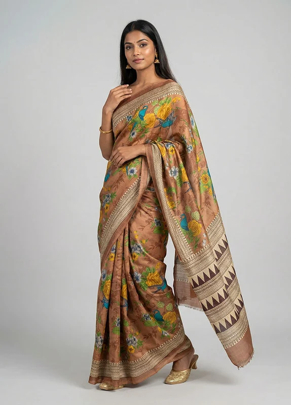 Multicolor Printed Silk Saree Without Blouse Piece One Size