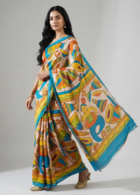Multicolor Printed Pure Silk Saree Without Blouse Piece One Size