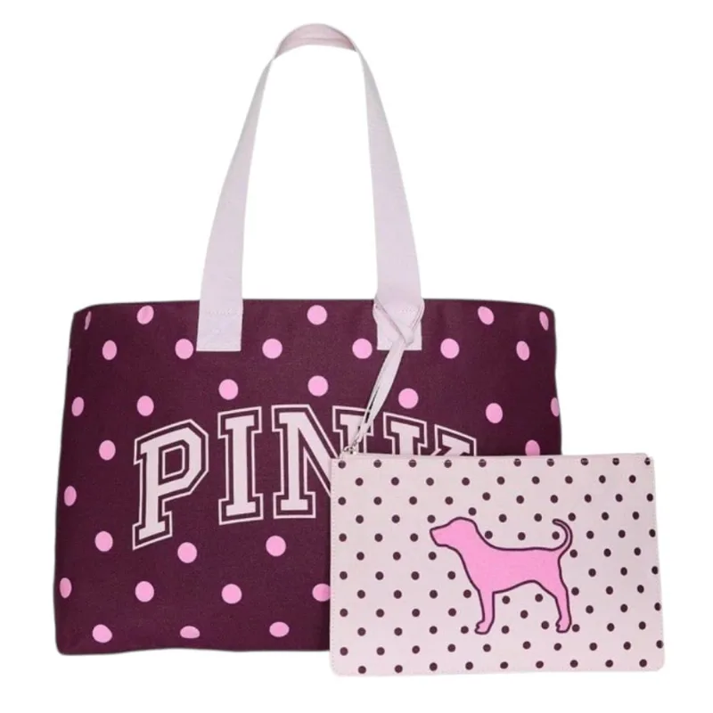 CARTERA TOTE PINK COLOR VINO CON PUNTOS ROSADOS