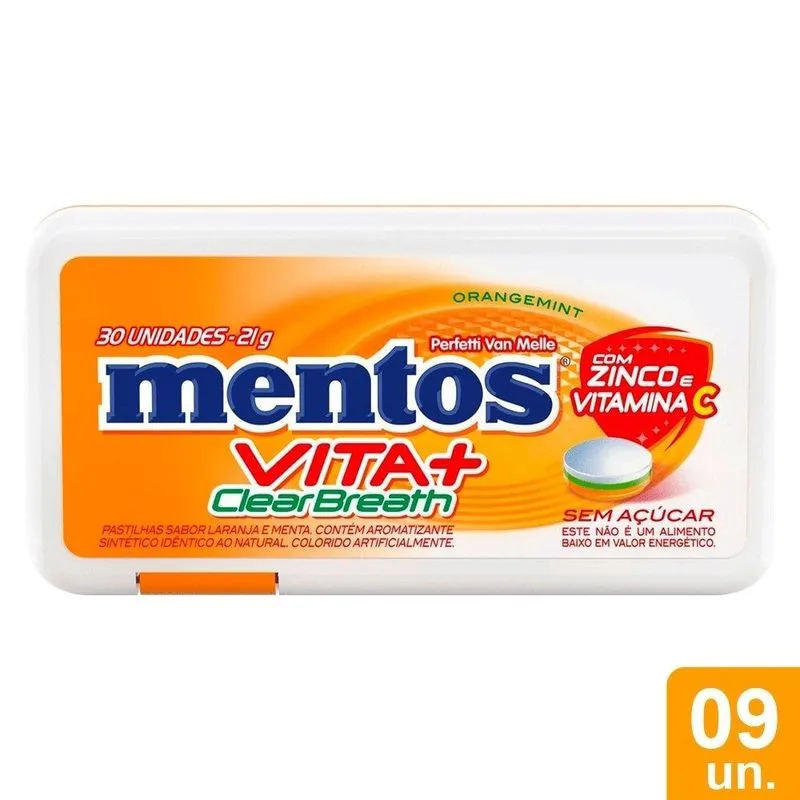 Pastilha Mentos Clear Breath Orange Mint 21g - Embalagem Com 9 Unidades