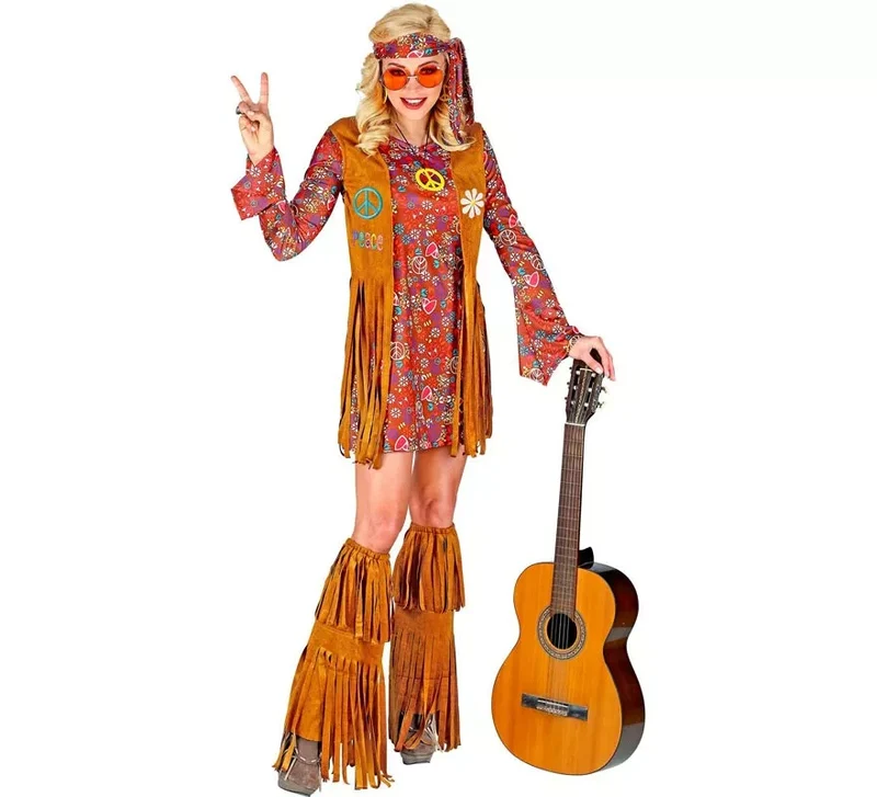 Disfraz de Hippie con cubrebotas y flecos para mujer M