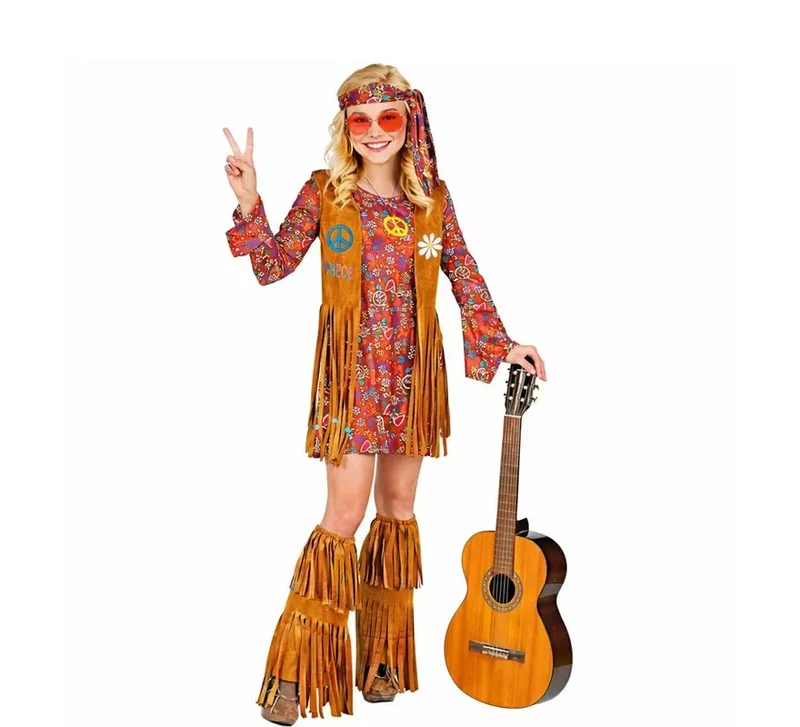 Disfraz de Hippie con cubrebotas y flecos para mujer XS