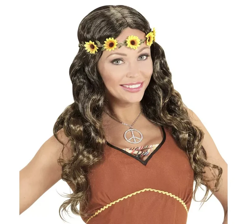 Peluca Hippie o Medieval con cinta en varios colores adulto Castaño
