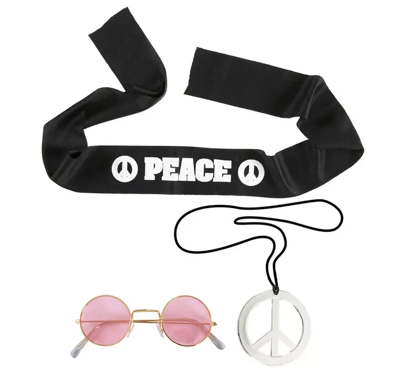 Kit de Hippie Peace adulto: Cinta, gafas y collar Universal Adulto