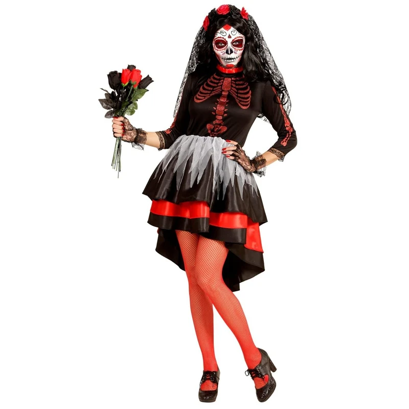 Dia De Los Muertos Kleid Rot Schwarz Damen XS