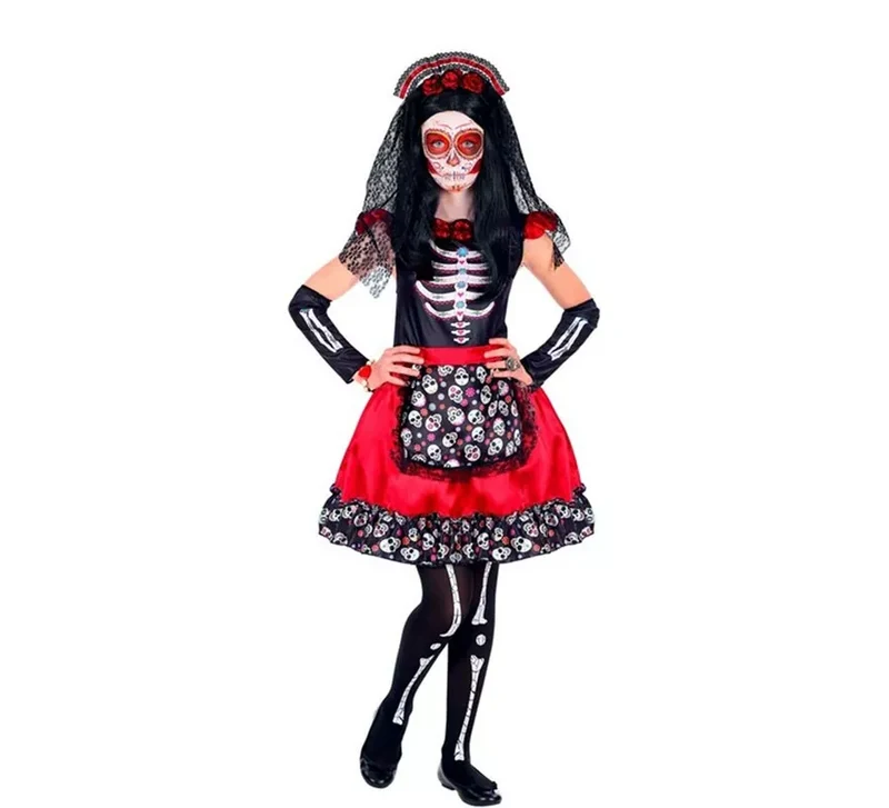 Disfraz de Catrina Día de Los Muertos con Velo para niña 11-13A