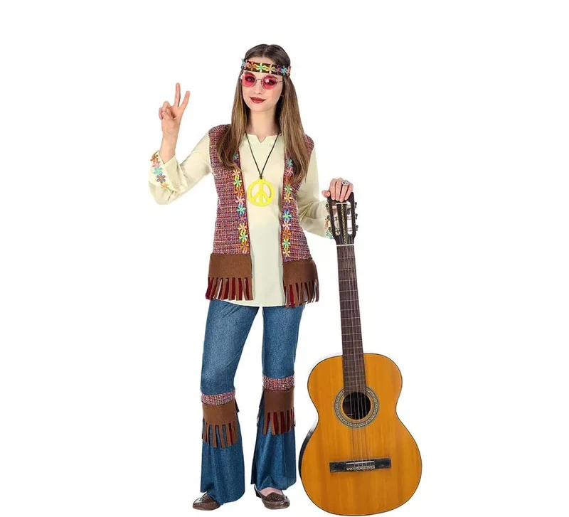 Disfraz de Hippie marrón con collar para niña y adolescente 14-16A (XS)