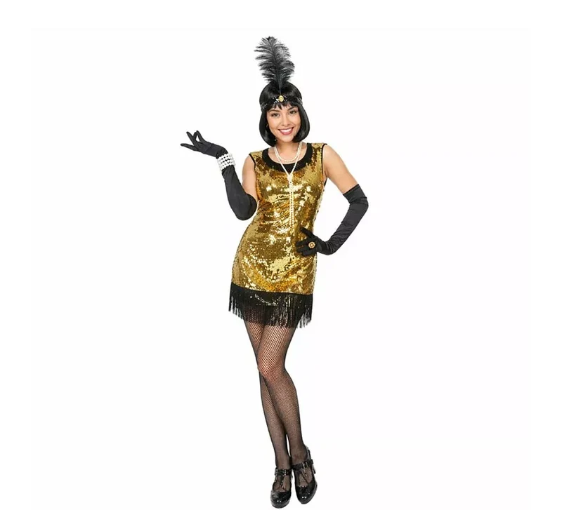 Disfraz de Charleston Años 20 dorado con tocado para mujer XS