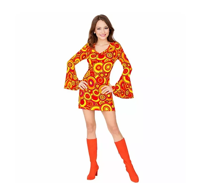 Disfraz de los años 70 Burbujas naranja y amarillo para mujer XS