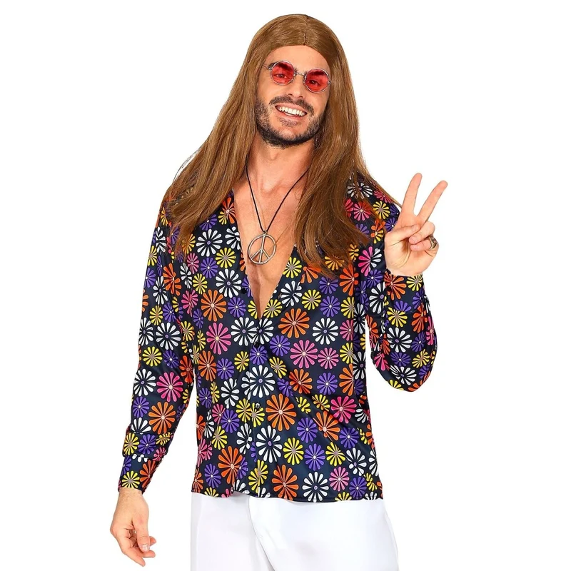 Disco 70S Bluse Lila Männer Blumen L/XL