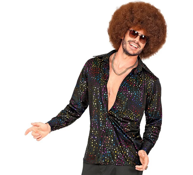 Camisa Disco Años 70 negra multicolor para hombre S-M