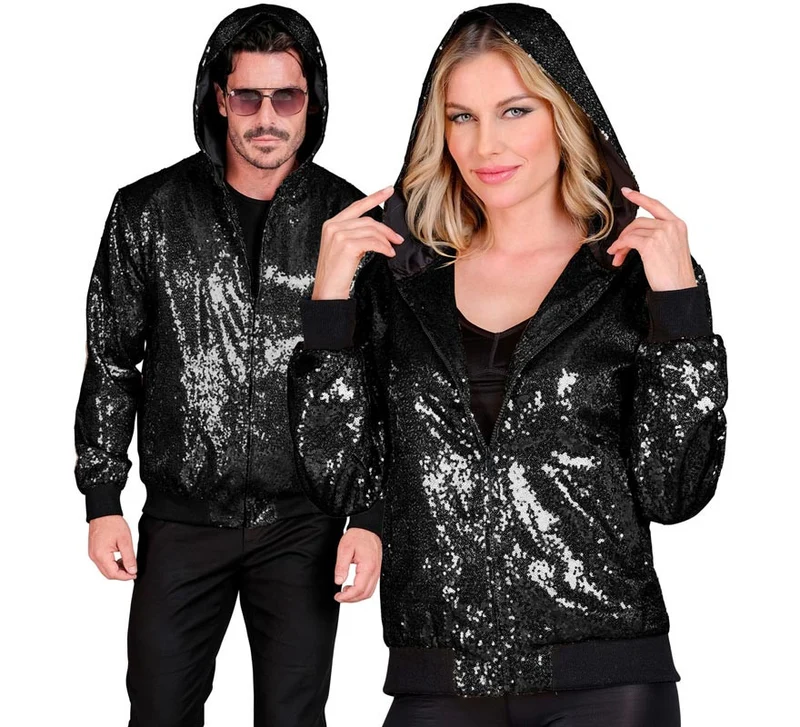 Bomber Moda negro con capucha y lentejuelas para adulto XXL