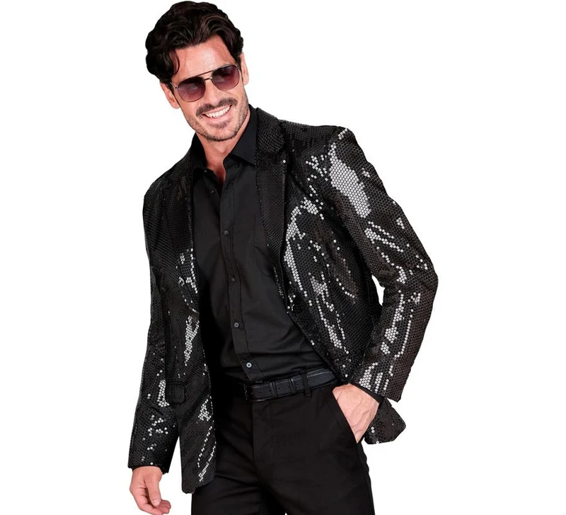 Chaqueta de Moda Disco negra con lentejuelas para hombre XL