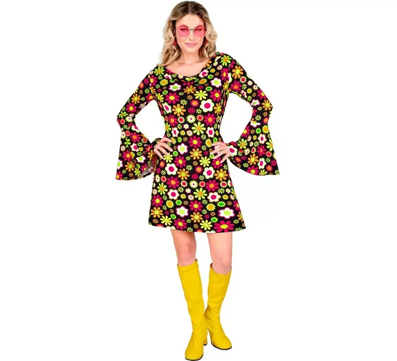 Disfraz de Hippie años 60 Floral oscuro para mujer XL