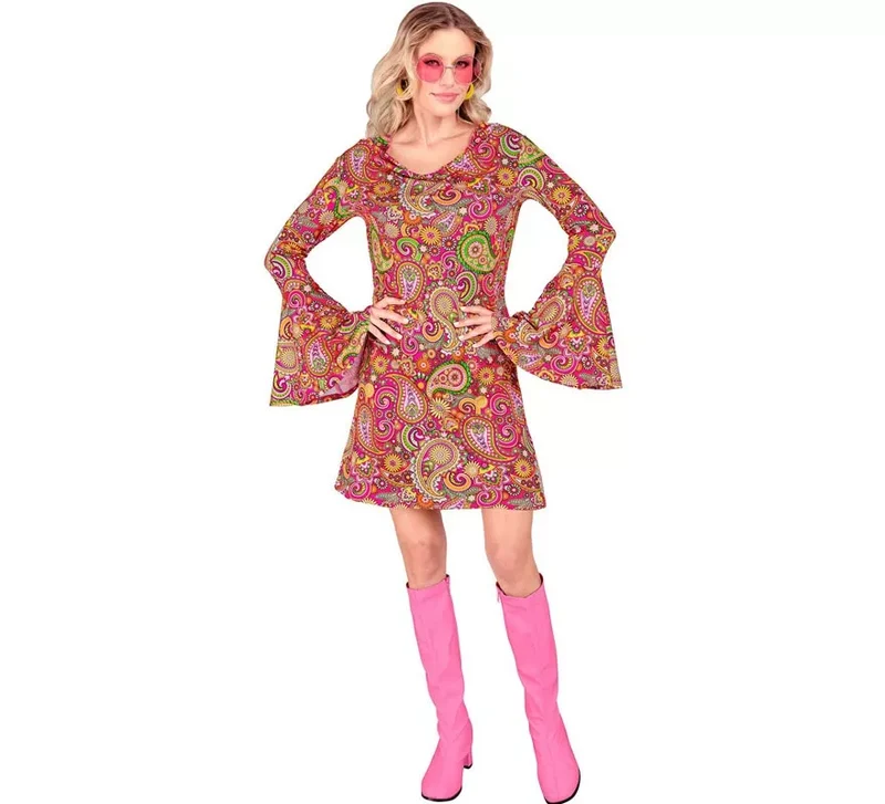 Disfraz de Hippie años 60 Fashion Paisley para mujer XL